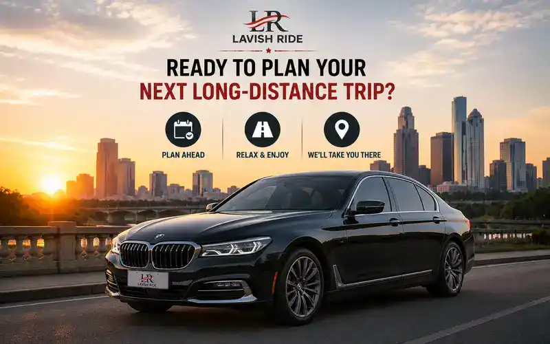 BMW 7 Series parked against a city skyline at sunset, promoting luxury long-distance transportation with comfortable, reliable, and stress-free travel planning.